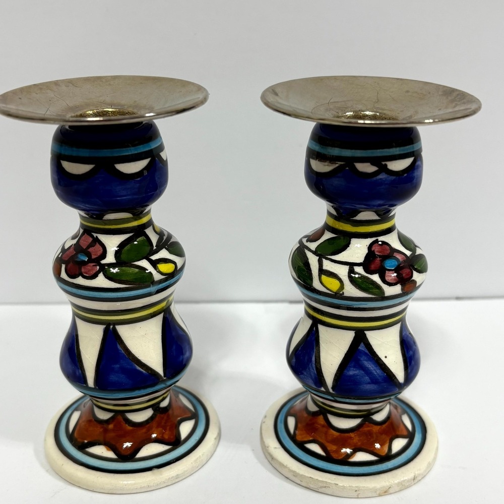 Set 2 Israeli Ceramic Armenian Candlestick Drip Pan Shabat Israel Pair
